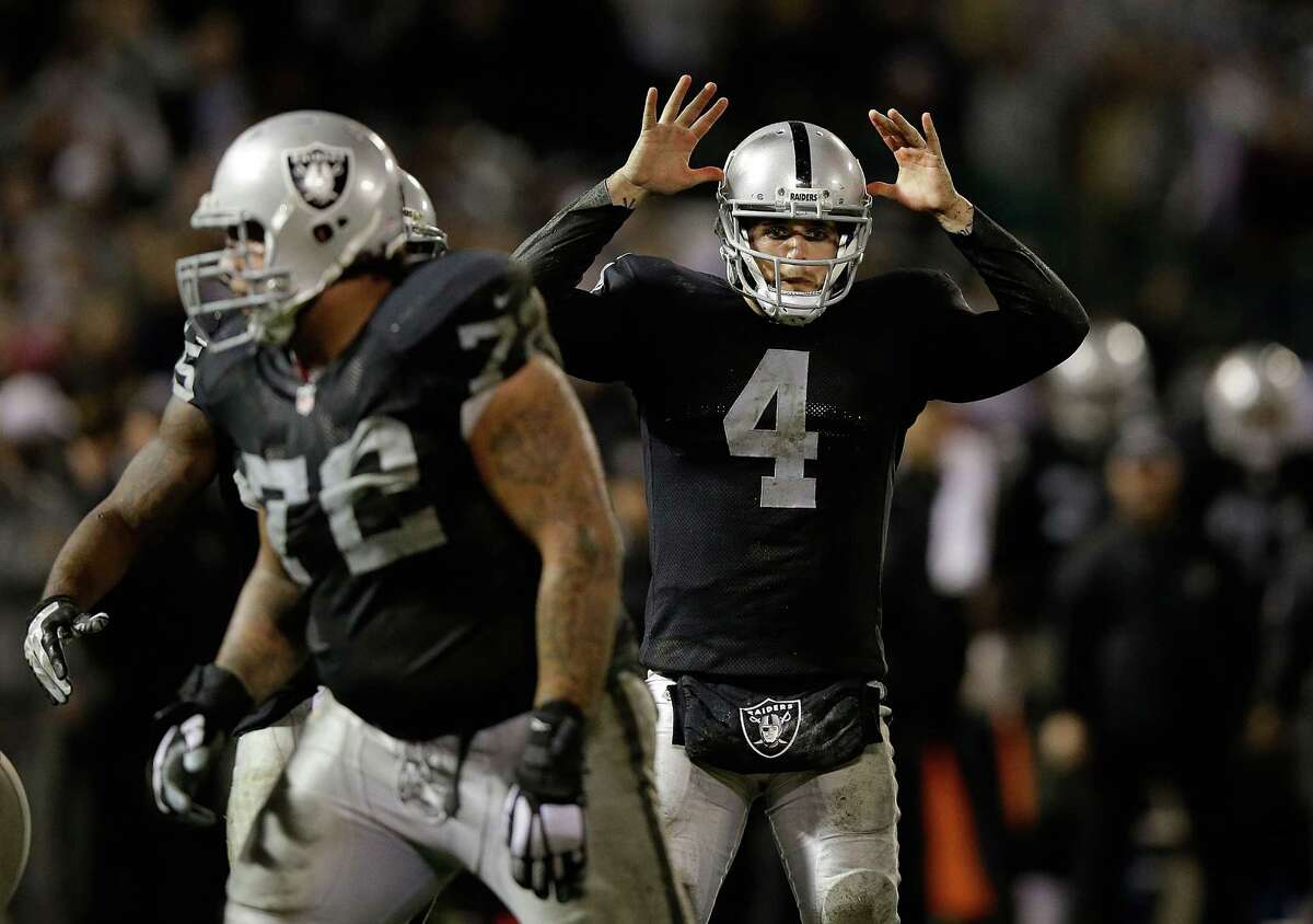 OAKLAND, CA - NOVEMBER 20: Derek Carr #4 of the Oakland Raiders signals a play during the game against the Kansas City Chiefs at O.co Coliseum on November 20, 2014 in Oakland, California.