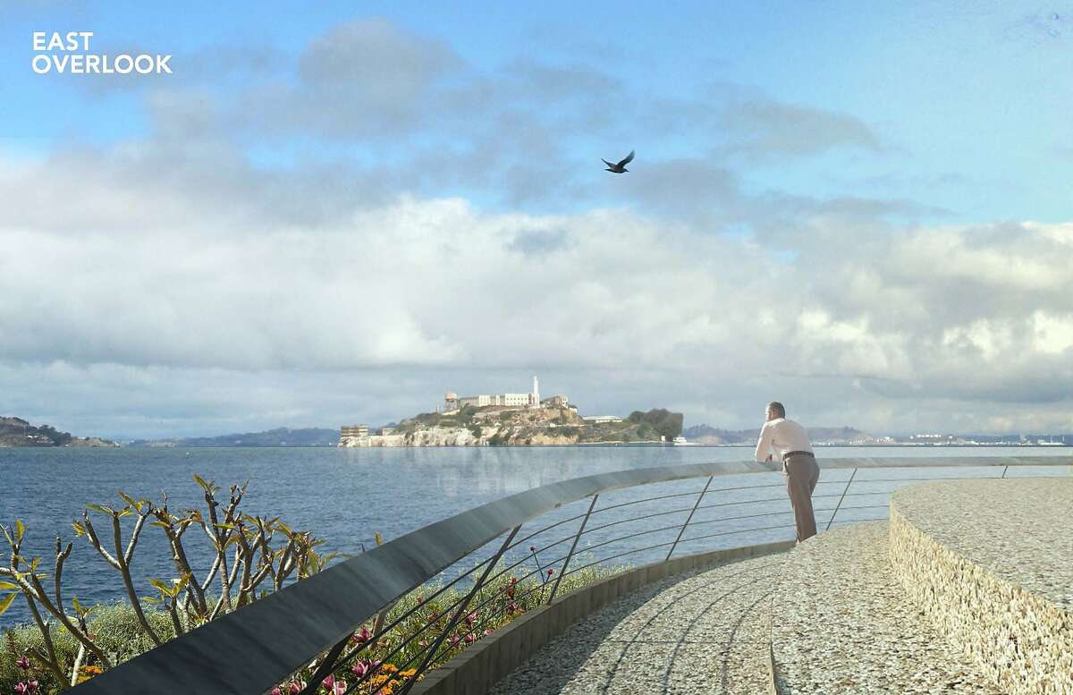The design concept from James Corner Field Operations for the new park between the Presidio's Main Post and Crissy Field includes a traditionally styled overlook facing Alcatraz. Four other teams are in the competition, and the Presidio Trust is expected to select a winner in December.