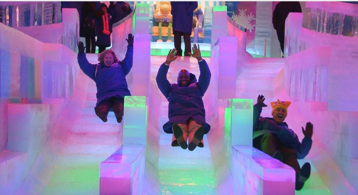 The highly anticipated ICE LAND Ice Sculptures with SpongeBob SquarePants opened at Moody Gardens in Galveston with a ceremonial first slide by dignitaries.