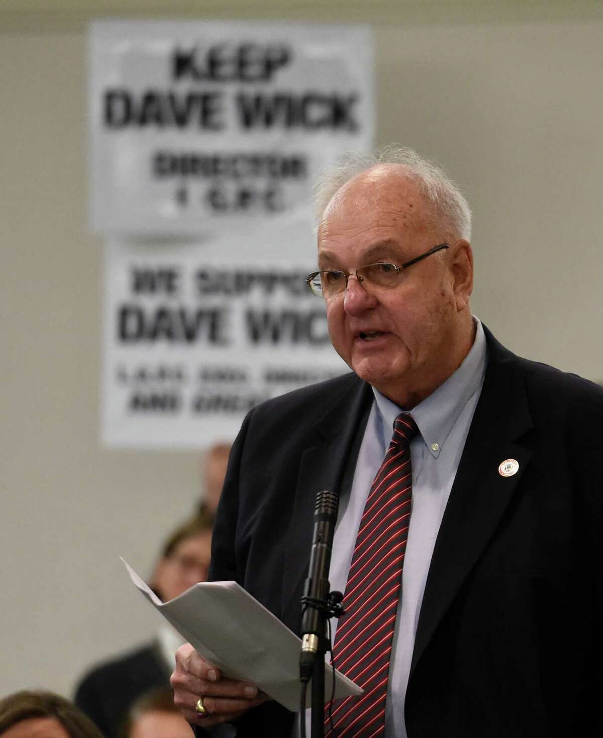 Lake George Mayor Robert Blais speaks in support of Dave Wick during an overflow turnout in the conference room at the Fort William Henry Conference Center Tuesday morning Nov. 25, 2014 in Lake George, N.Y. for a meeting of the Lake George Park Commission. Wick was put on paid leave recently much to the dismay of most all of the attendees to this commission meeting. (Skip Dickstein/Times Union)