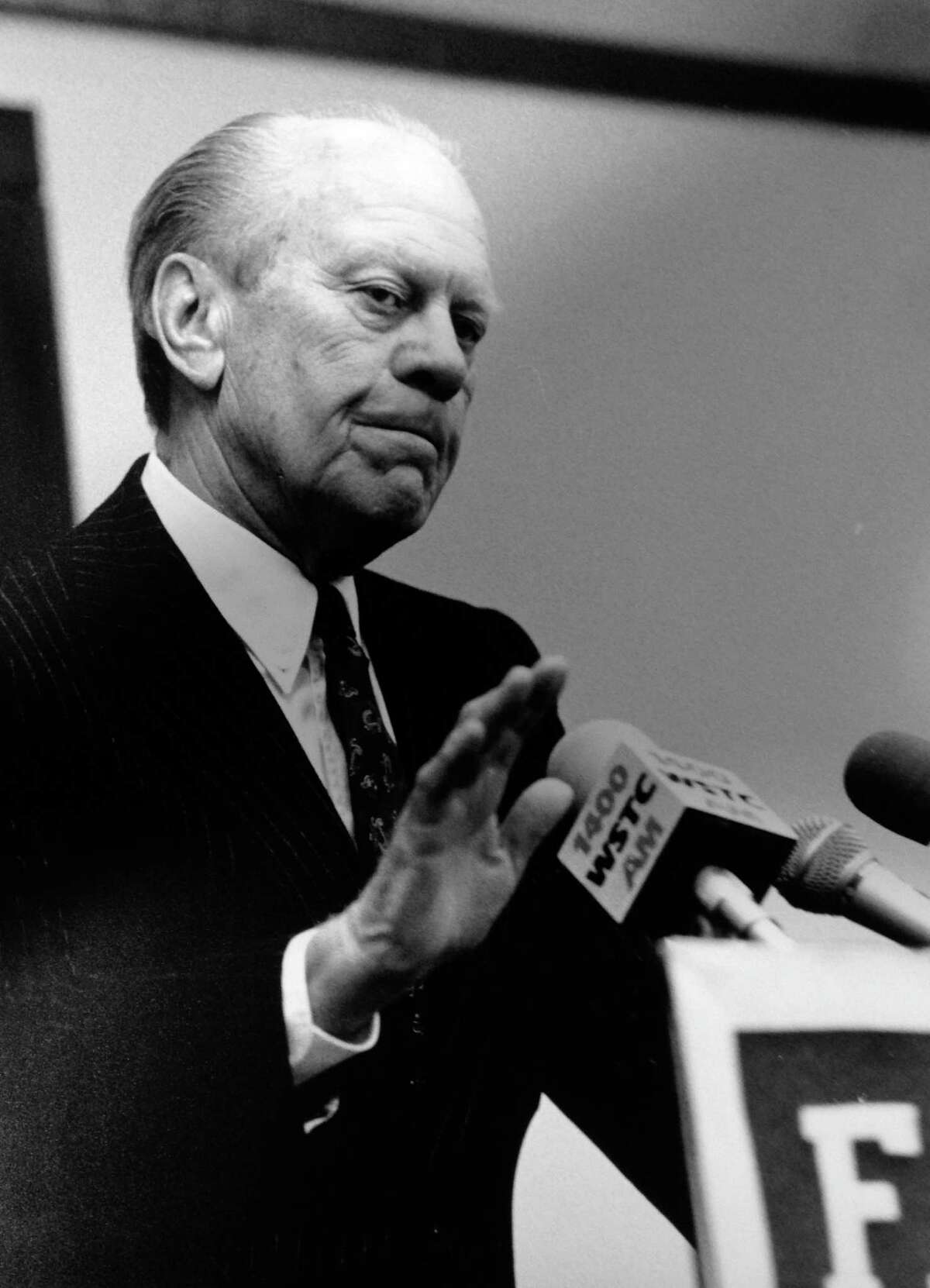 Former President Gerald Ford speaks at the Fairfield awards dinner to raise money for minority scholarships on Dec. 1, 1989 at the Stamford Sheraton hotel.