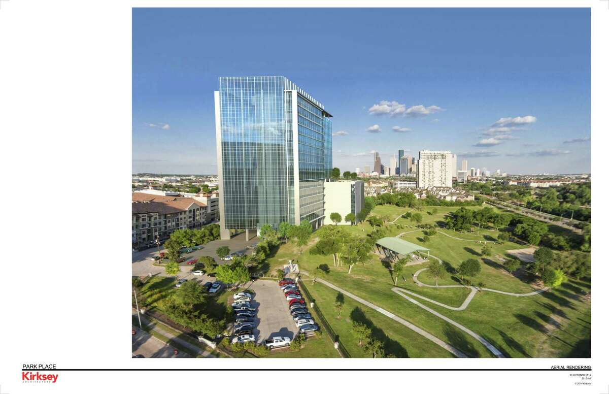 A rendering of Park Place at Buffalo Bayou, an office building under construction near Memorial and Waugh.