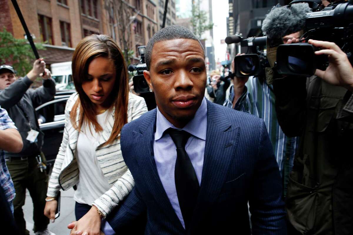 In this Nov. 5, 2014, file photo, Ray Rice arrives with his wife Janay Palmer for an appeal hearing of his indefinite suspension from the NFL in New York. Rice has won the appeal of his indefinite suspension by the NFL, which has been "vacated immediately," the NFL football players' union said Friday, Nov. 28, 2014.