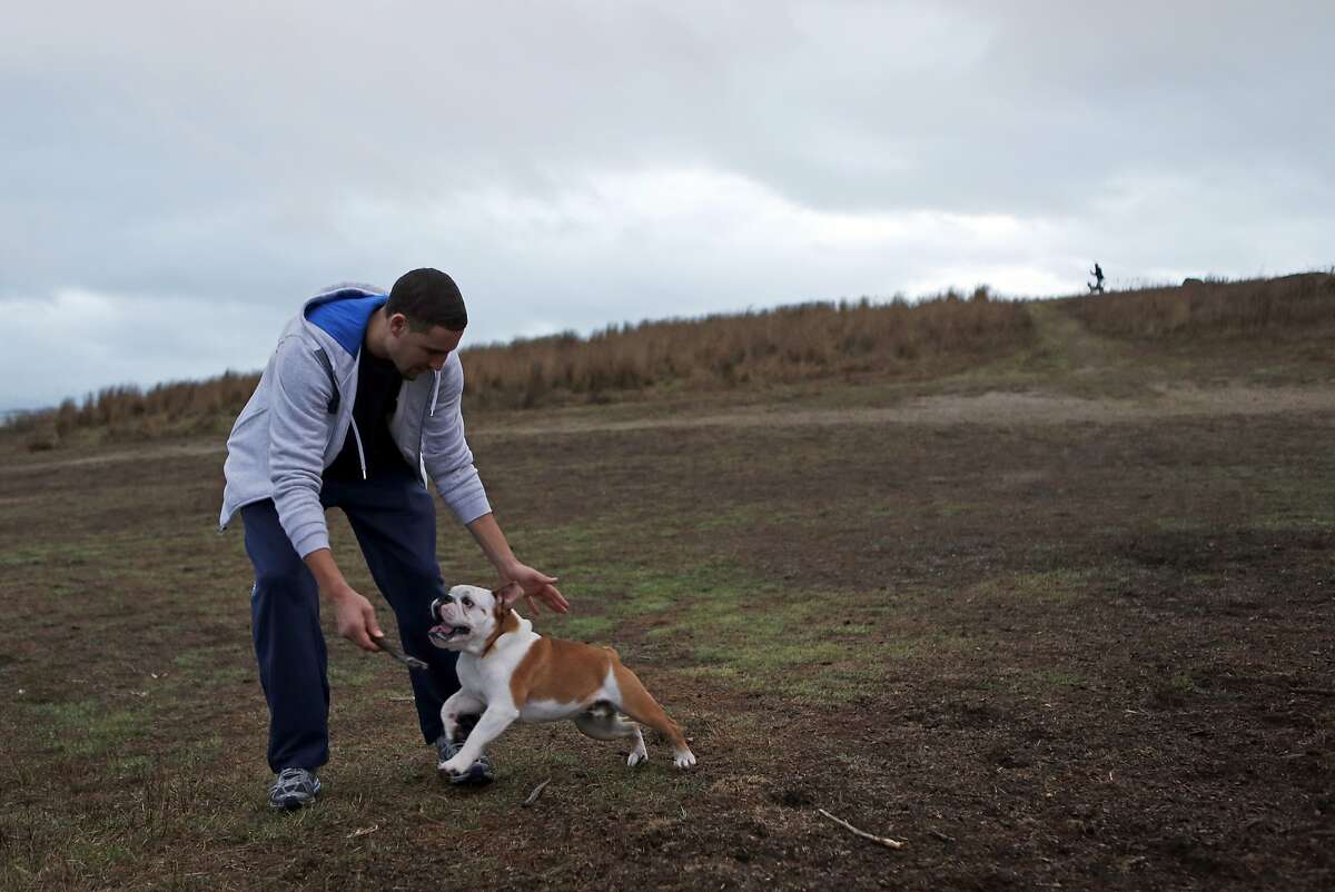 Golden State Warriors' Klay Thompson plays with his dog, Rocco, at Cesar Chavez Park in Berkeley, Calif., on Wednesday, November 19, 2014.