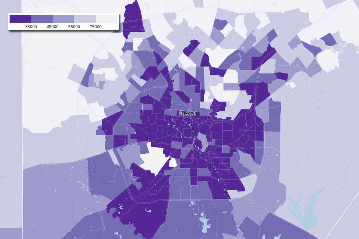 San Antonio income by census tract in the 2012 American Community Survey.