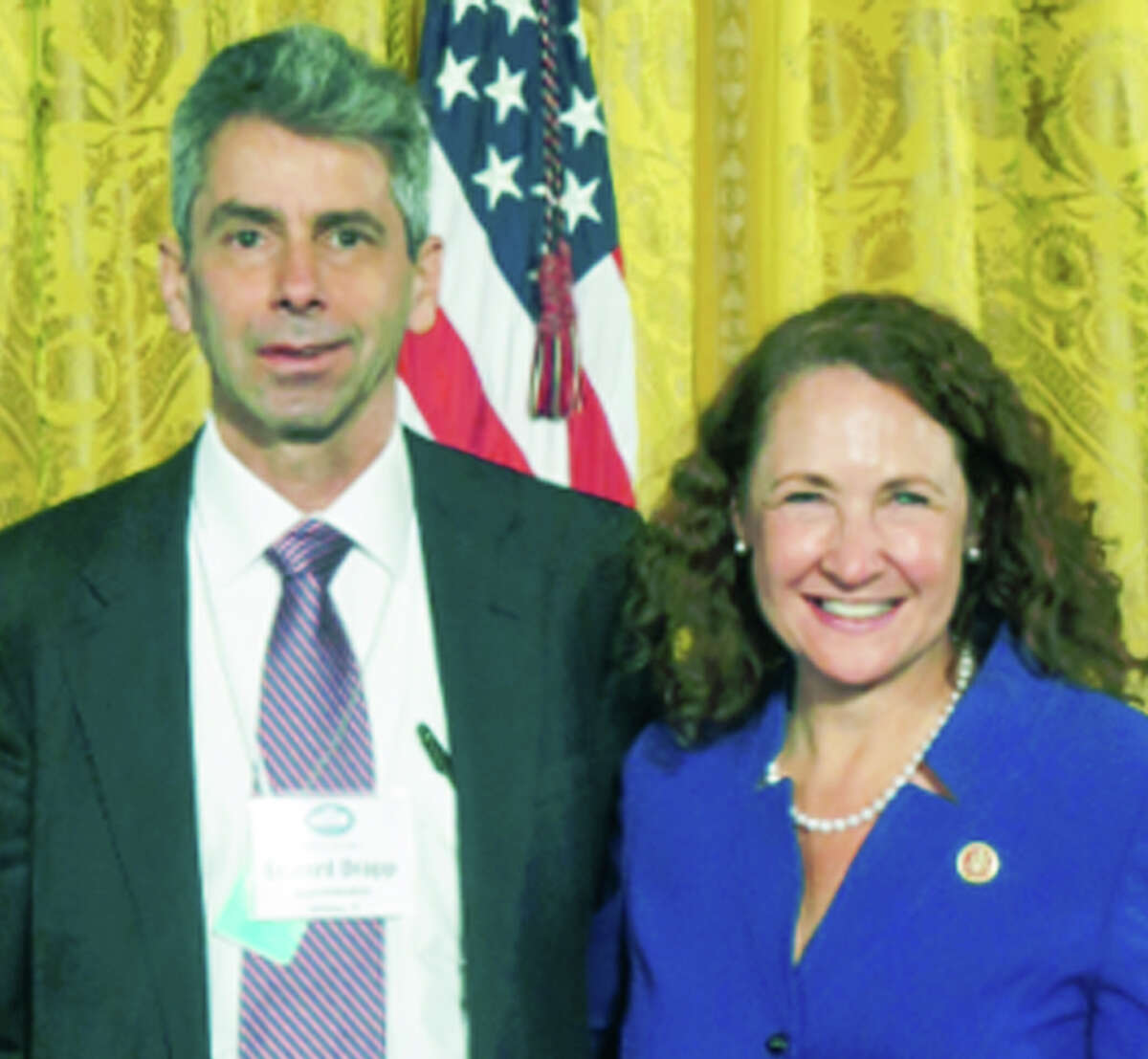 Region 6 Superintendent Edward Drapp takes a break from a schools technology summit in Washington D.C. to pose with Congresswoman Elizabeth Esty (D-5th). November 2014