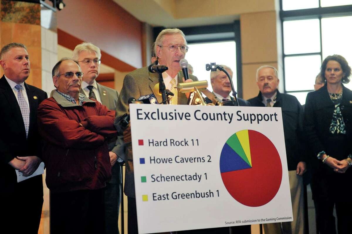 Rensselaer Mayor Dan Dwyer, surrounded by supporters of the Rensselaer casino site, addresses those gathered at a press event to show support for the site on Wednesday, Dec. 3, 2014, in Rensselaer, N.Y. (Paul Buckowski / Times Union)