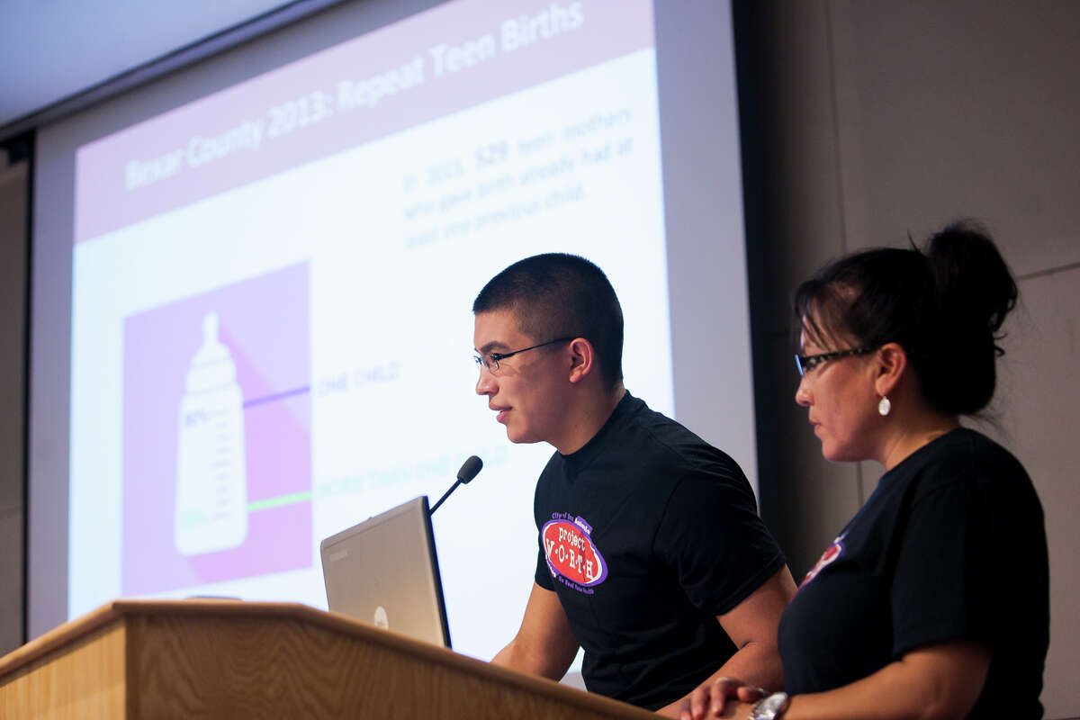 Though San Antonio and Texas have made inroads on teen pregnancy, the problem is still huge in the state. Jonis Nava, 17, talks about San Antonio's progress and decline in teen pregnancy las year during a Project Worth and Healthy Futures Texas press conference in the Central Library Auditorium at the San Antonio Public Library. Nava was also raised by a teen mom, and has been active with Metro Health’s Project WORTH teen program for the past three years.