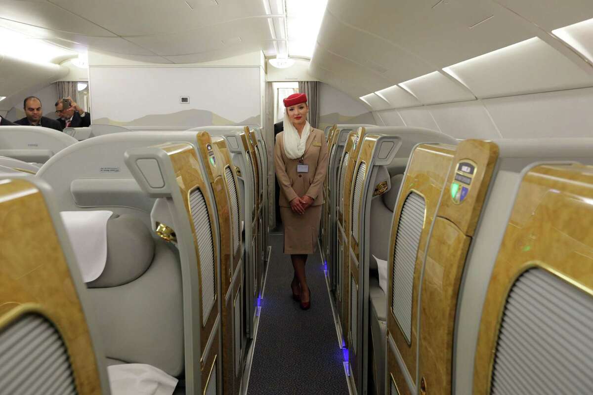 Emirates opened the doors of one of its Airbus A380 aircraft Wednesday for a media tour at Bush Intercontinental Airport. The carrier is flying the largest passenger plane between IAH and Dubai.