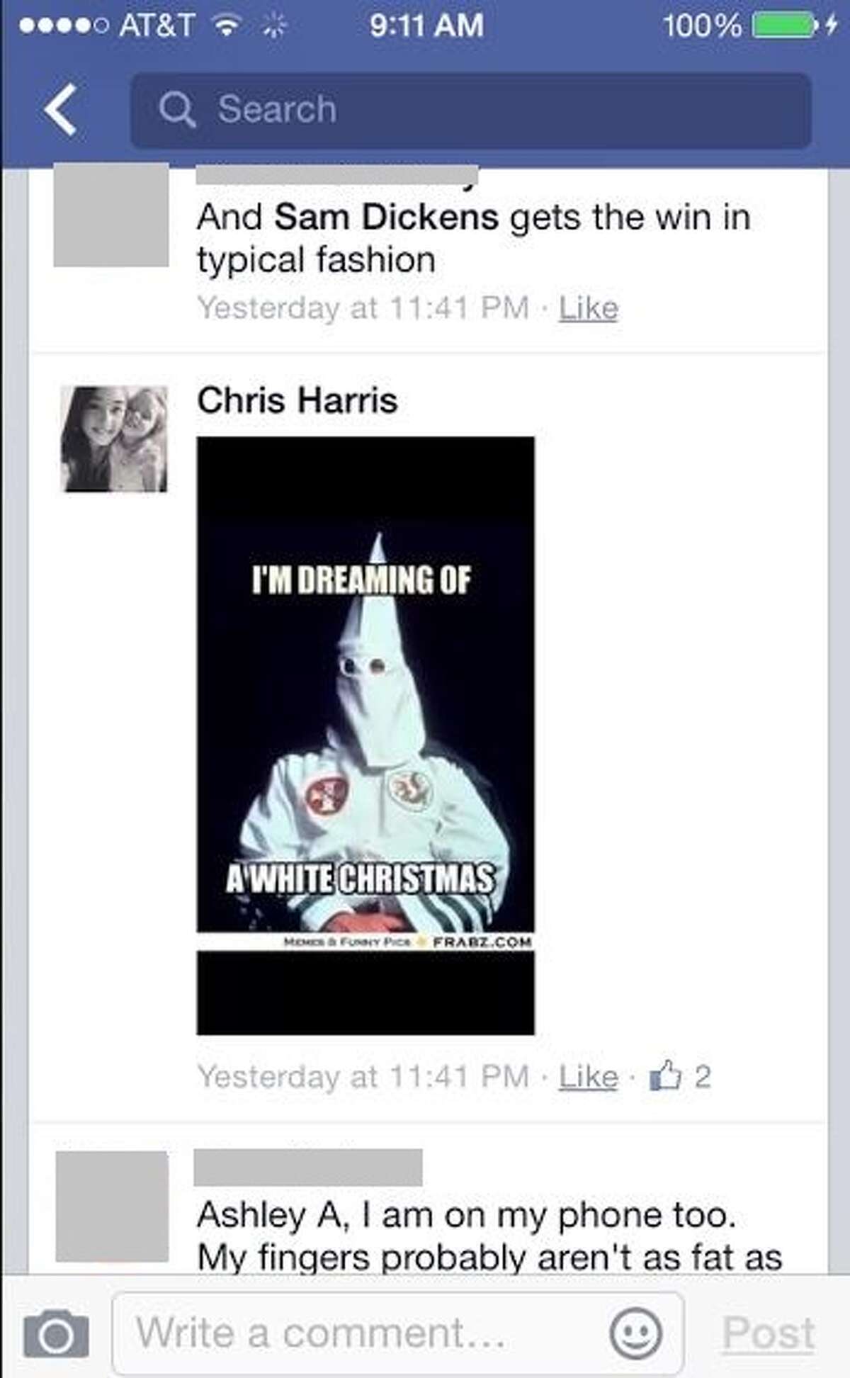 In early December 2014, Chris Harris, a board member at Hooks Independent School District in north Texas, posted a meme of a KKK member with the caption "I'm dreaming of a white Christmas.” Harris posted several “racially sensitive” statements, which led to her resignation, Hooks Superintendent Ronnie Thompson told Raw Story. She posted the meme after a grand jury’s decision to not indict officer Darren Wilson for fatally shooting Michael Brown. Read more: Texas school board member on Facebook: Send KKK to Ferguson to 'settle sh** down'