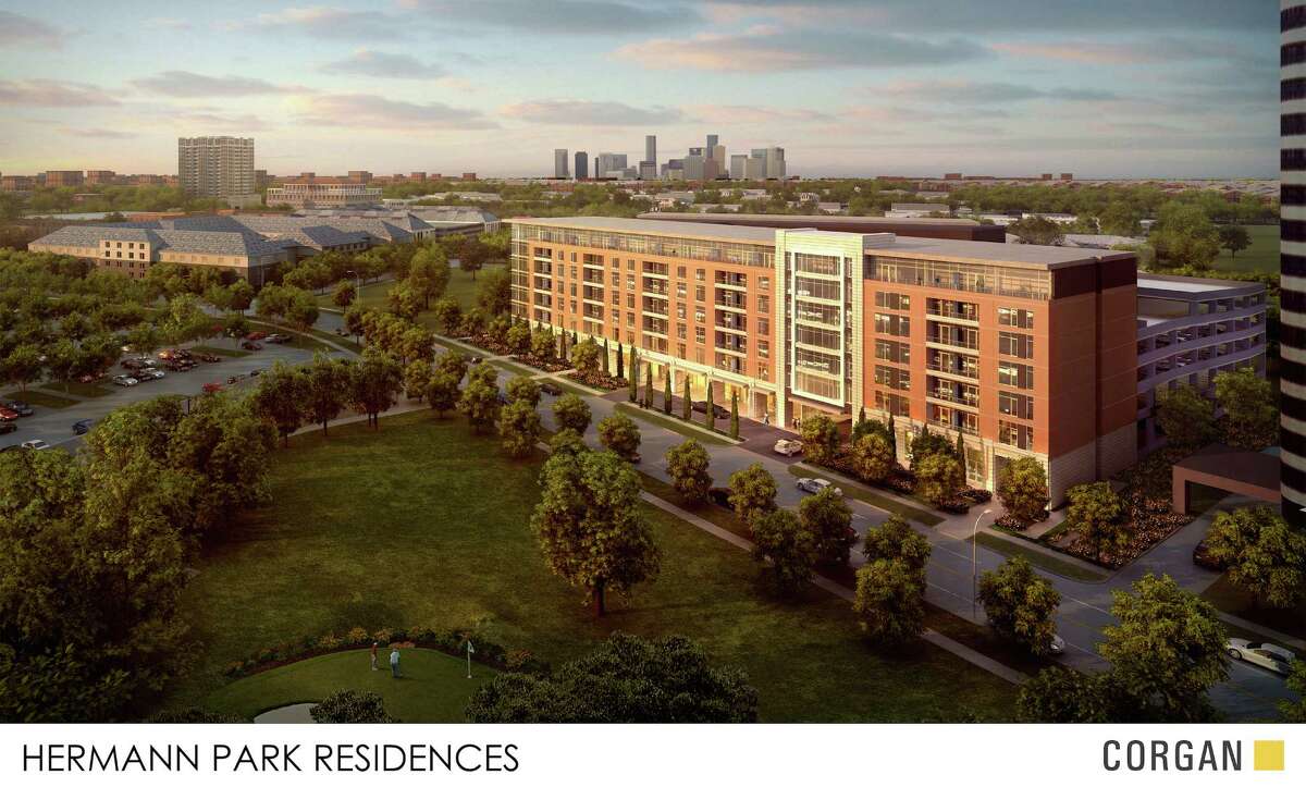 A rendering shows Hermann Park Residences, a seven-story, $75 million multifamily building that's being built near Hermann Park.