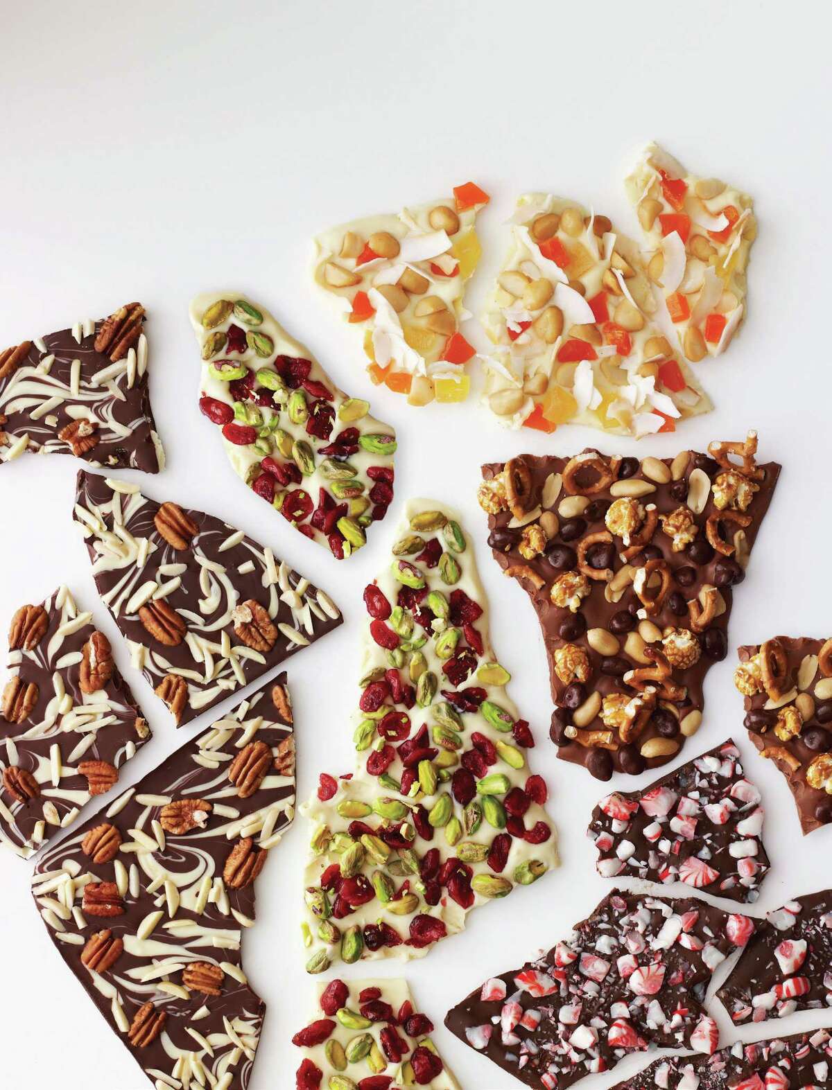 Variations of chocolate barks from "Holiday Cheer" by Hearst Communications.