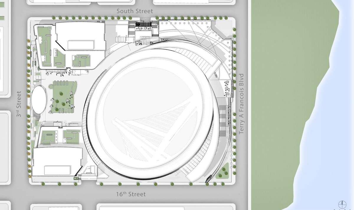 Revised overhead drawing of Golden State Warriors newly planned arena in Mission Bay now has an observation deck that resembles a fin -- not a toilet