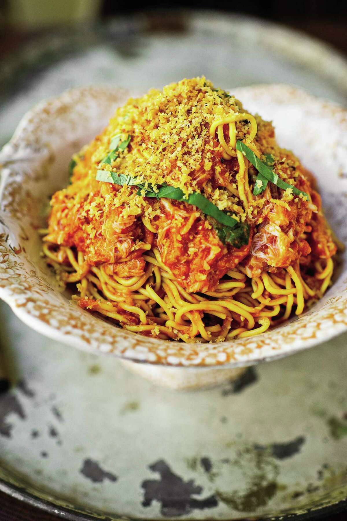 Spaghetti with Crab Fra Diavolo and Toasted Bread Crumbs from "Harold Dieterle's Kitchen Notebook" by Harld Dieterle (Grand Central Publishing).