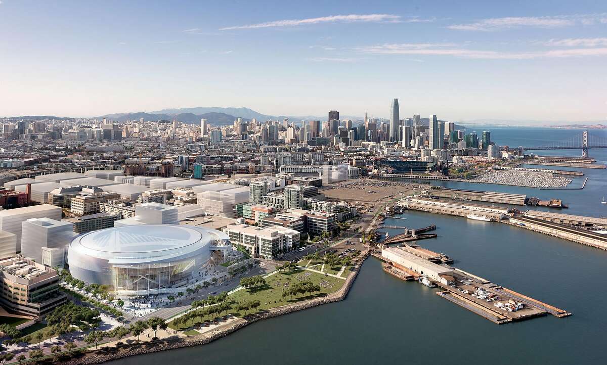 This rendering shows a southwest aerial view of the Golden State Warriors' proposed new arena in San Francisco's Mission Bay area.