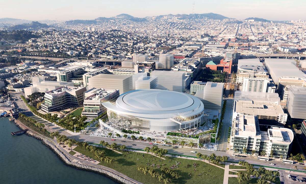 Rendering released on Dec. 10, 2014 show the east aerial view of the Golden State Warriors' proposed new arena in San Francisco's Mission Bay area. The arena would seat 18,000 people, have a view deck, and include a 24,000 square foot public plaza on the southeast side and a 35,000 square foot public plaza on the Third Street side. Completion is slated for the start of the 2018-19 NBA season.