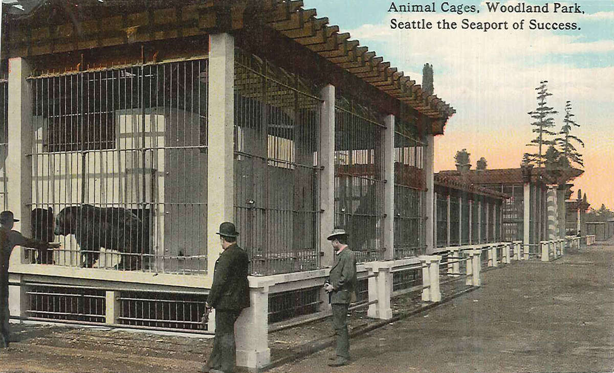 Animal cages at Woodland Park Zoo, 1916. The zoo opened to the public after Seattle bought the estate of Guy Phinney in 1899. Phinney was a lumber baron who owned an English park, formal rose garden, deer herd and animal menagerie. The zoo then acquired another private menagerie from Leschi. By 1904, it had elk, bears, deer and ostriches.