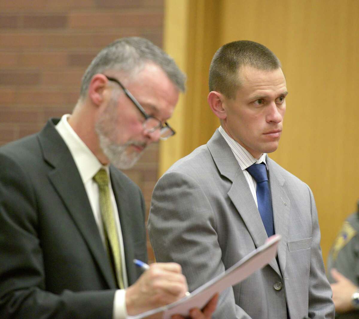 Kyle Seitz, of Ridgefield, right, in Danbury Superior Court with his attorney John Gulash, left, Nov.12, 2014. Seitz will appear in Danbury Superior Court for the start of pretrial hearings in Danbury, Conn. on Tuesday, Dec. 16, 2014