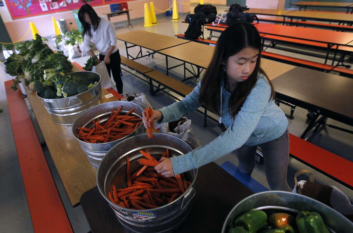 Fanny Lao (right) and Gillian Fong (left) fill grocery bags for the Healthy Children Pantries program at Hoover Middle School in San Francisco, Calif. on Friday, Dec. 5, 2014. The San Francisco-Marin Food Bank provides healthy food for students and their families in 60 schools.