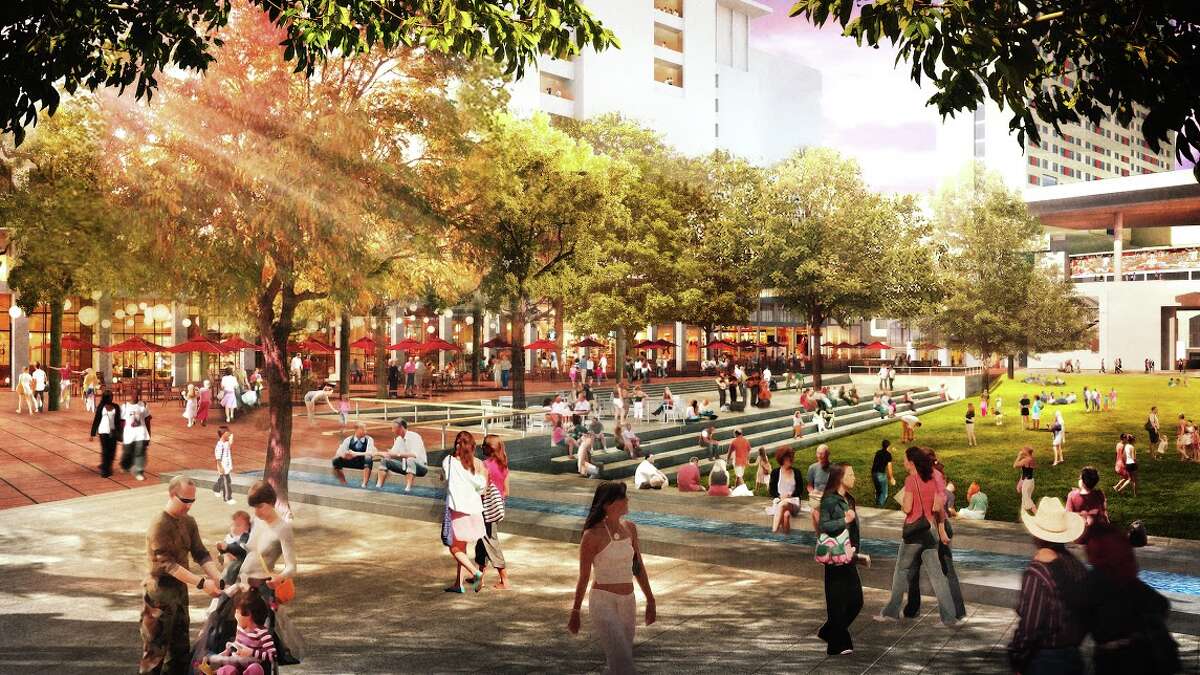 This rendering shows concepts for the civic park at HemisFair Park, the largest segment of the overall redesign. Spanning 15 acres, the civic park faces South Alamo and Market streets.