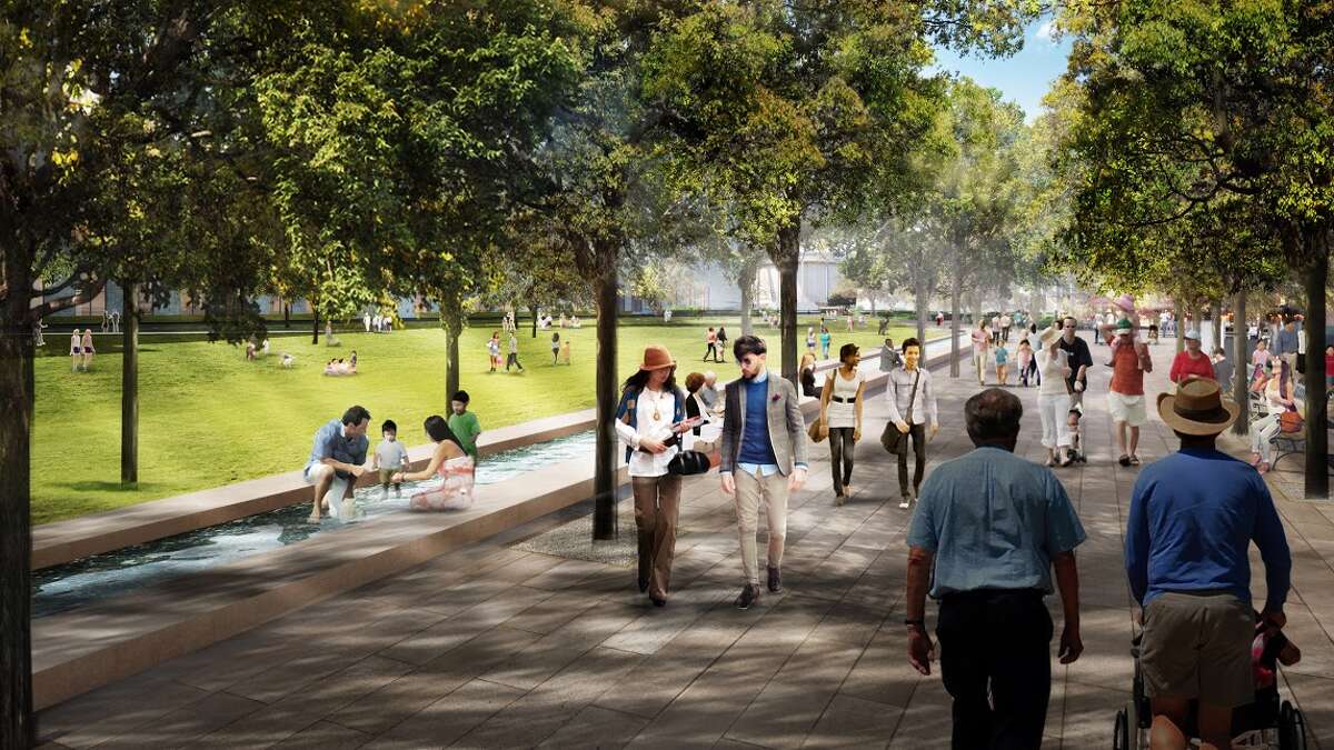 This rendering shows concepts for the civic park at HemisFair Park.