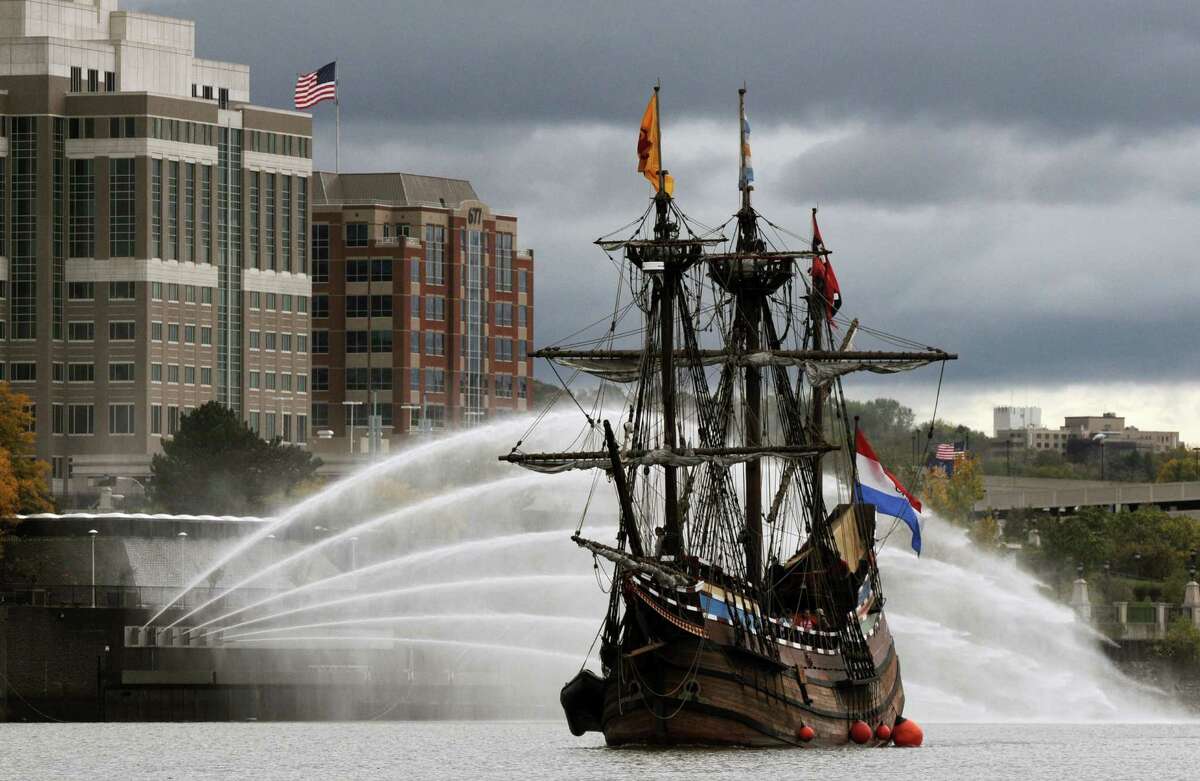 The Half Moon, a full scale replica of the original Dutch ship sailed by Henry Hudson, leaves Albany en route to Athens N.Y., Friday at noon Oct. 14, 2011. (Will Waldron / Times Union archive)