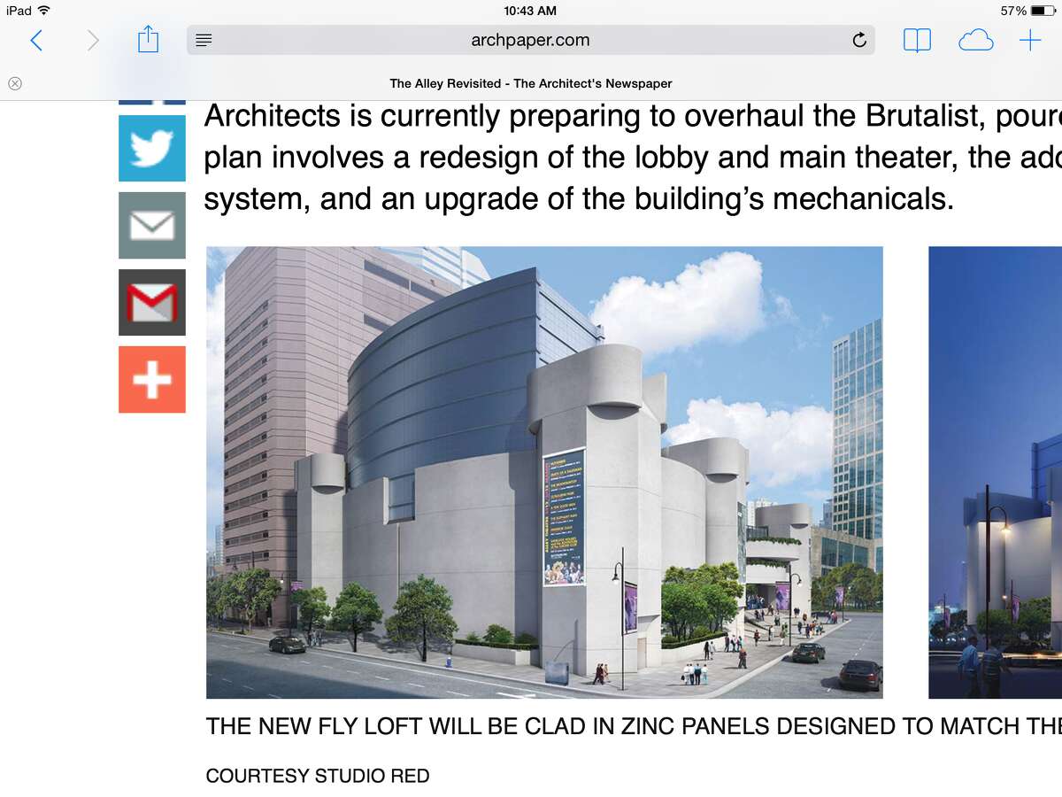 Screenshot from archpaper.com: An architectural rendering of the renovated Alley Theatre, as seen from Smith Street. A spokesperson for Studio Red says that the design for the new, silvery four-story fly space atop the original building has changed. But no new drawings have been made public.