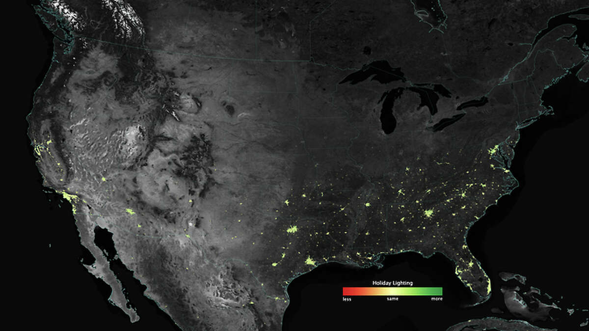 NASA analysis of U.S. city lights during the holiday season. The more green the tone of the lit up areas, the more difference there is between the holidays and the rest of the year.