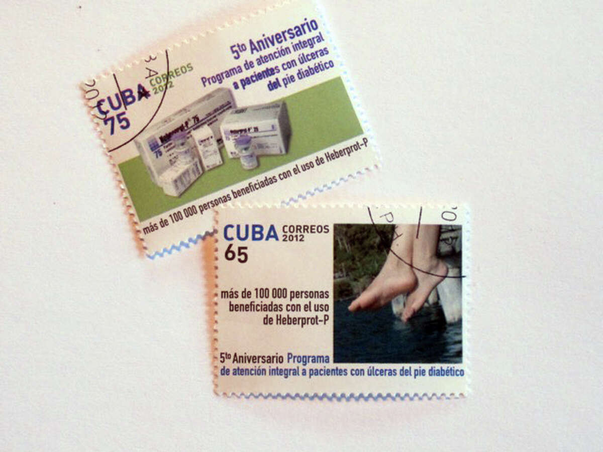 Cuban stamps issued in 2012 commemorating the fifth anniversary of Heberprot and the 100,000 patients worldwide that had been treated with the anti-amputation medication. The number is now estimated at at more than 170,000.
