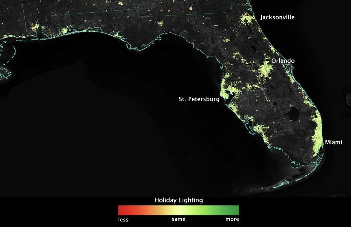 City lights shine brighter during the holidays in the United States when compared with the rest of the year, as shown using a new analysis of daily data from the NASA-NOAA Suomi NPP satellite. Dark green pixels are areas where lights are 50 percent brighter, or more, during December.
