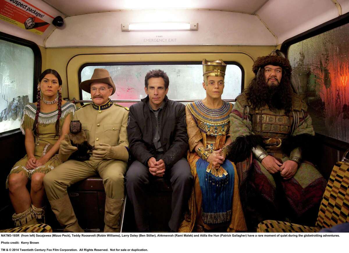 "Night at the Museum"﻿ stars Mizuo Peck, from left, Robin Williams, Ben Stiller, Rami Malekand and Patrick Gallagher.