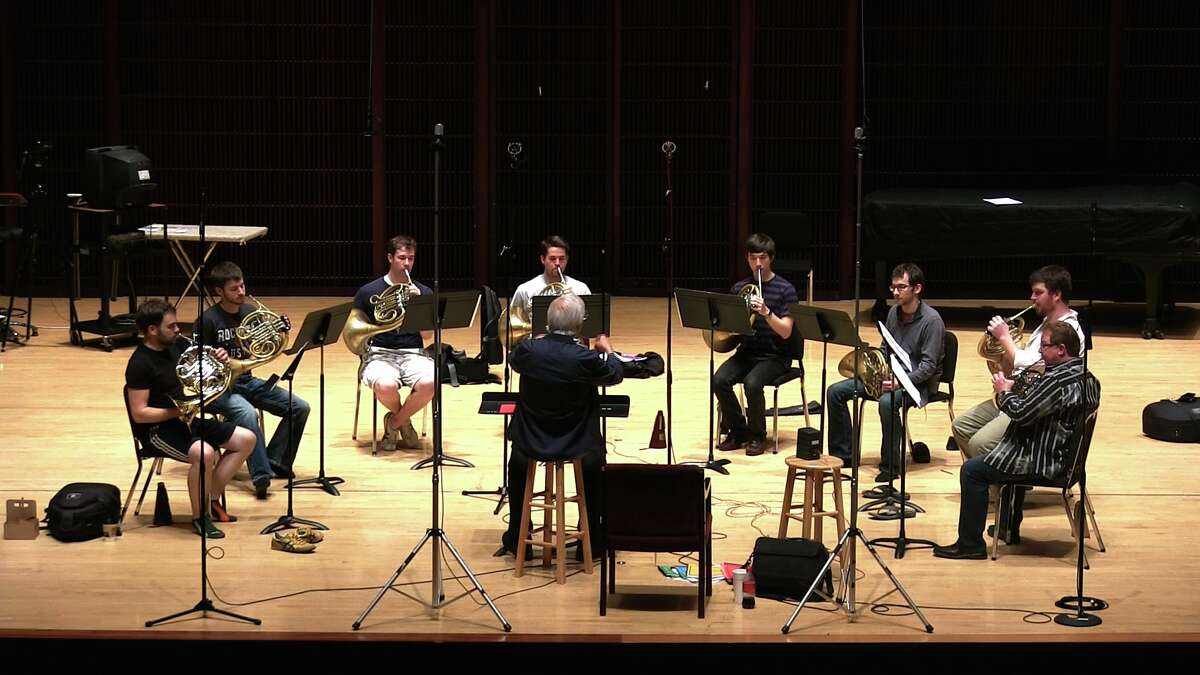 The Rice Horn Crew, led by conductor Dale Clevenger, records its new CD, "The Christmas Horn," in Rice University's Alice Pratt Brown Hall.