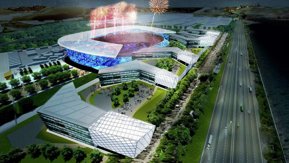 A rendering shows the proposed temporary stadium in Brisbane for the opening and closing ceremonies that was included in San Francisco’s bid for the 2024 Olympic Summer Games. A hoped for Oakland stadium is now in play.