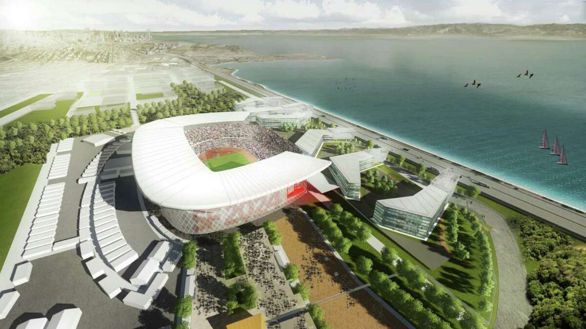 Rendering shows the proposed temporary stadium in Brisbane, for the opening and closing ceremonies included in San Francisco's bid for the 2024 Olympic Summer Games.