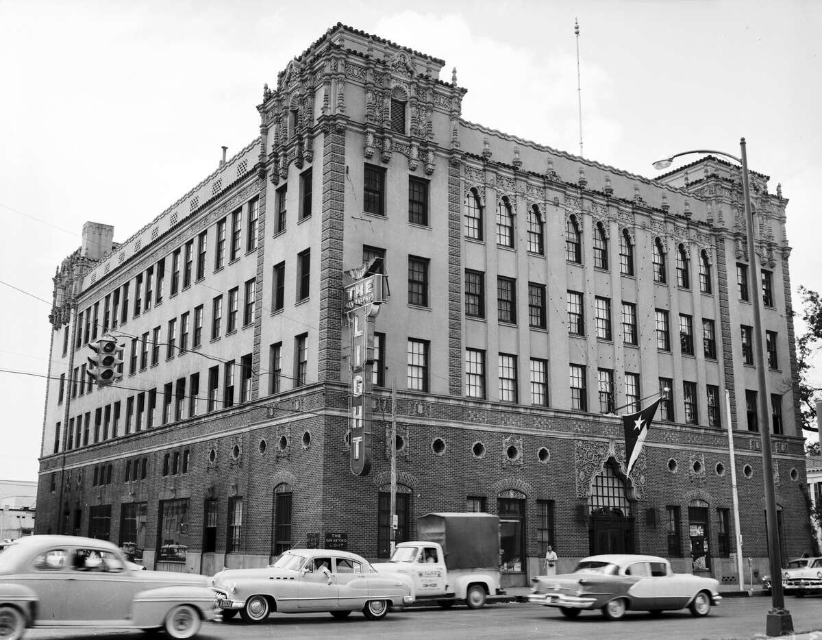 A view of the San Antonio Light building in the 1950s. By that time, the landmark neon sign had been added to the Broadway side of the structure.