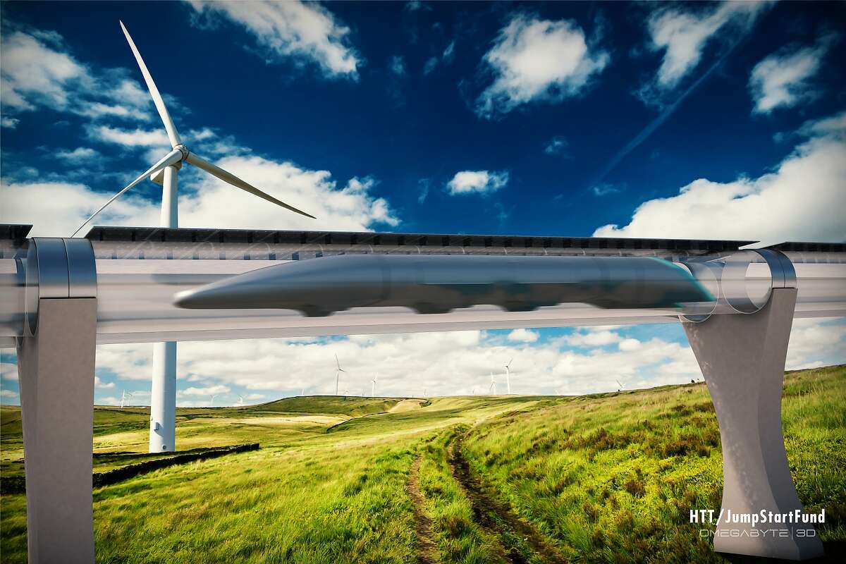A cutaway view of the hyperloop, a high-speed transit system initially proposed by Elon Musk. Passengers ride within capsules that travel inside sealed tubes, with the capsules reaching 760 miles per hour. The first proposed hyperloop would link San Francisco and Los Angeles.