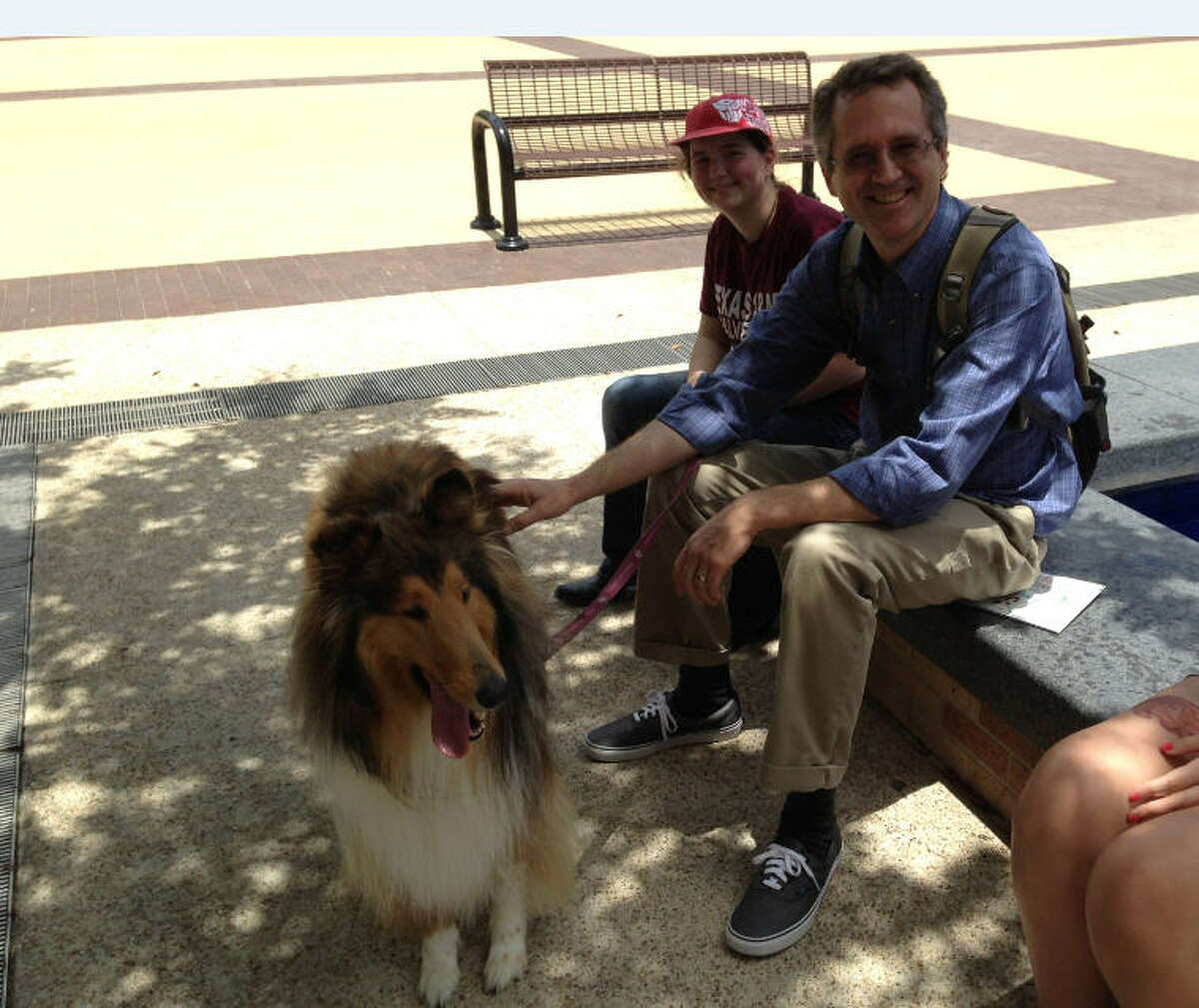 Tim Davis, Texas A&M computer science professor, met Riley, the cousin of university mascot Reveille VIII, June 2014. (Texas A7M)