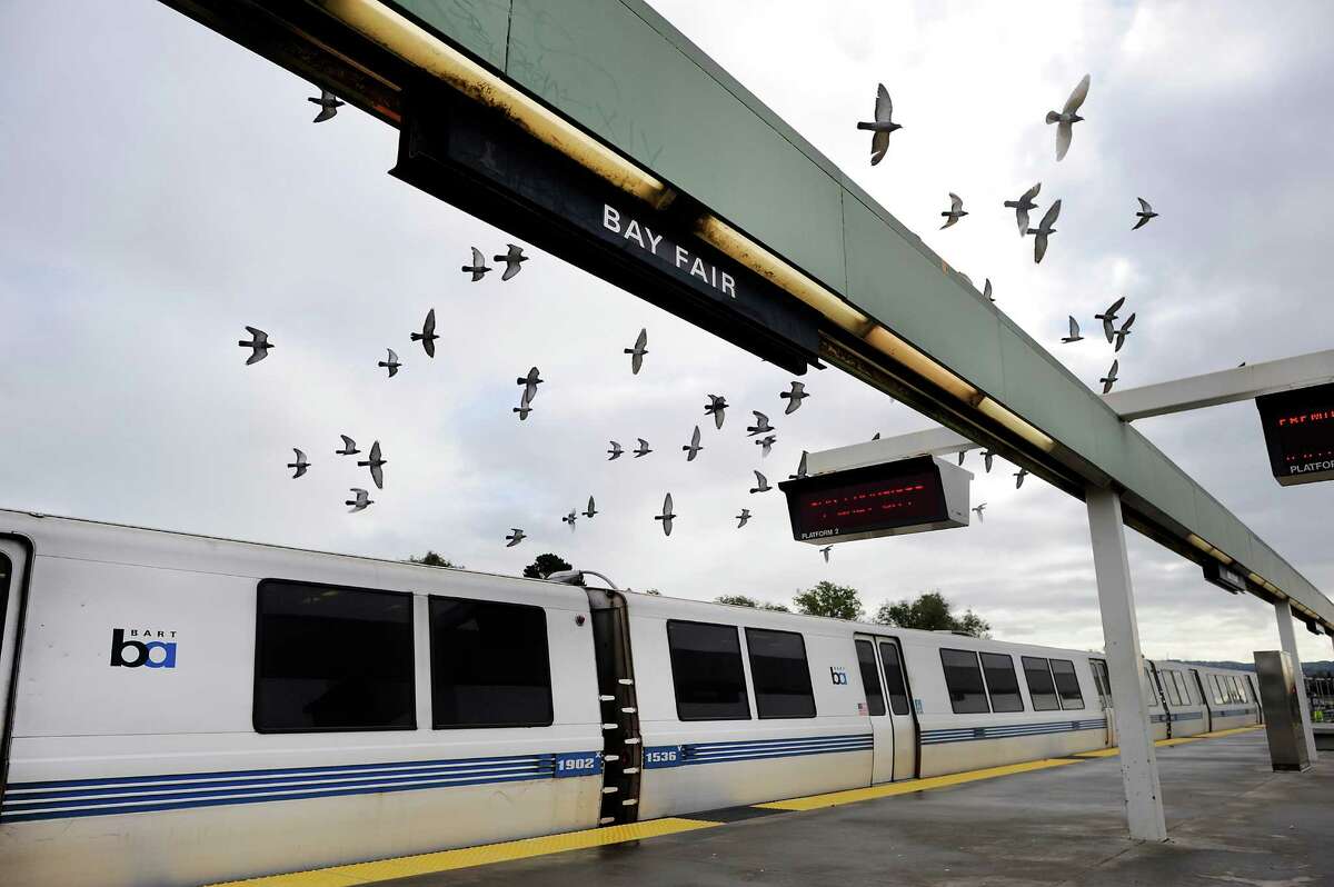 Birds fly above a train as it waits on the platform at the Bay Fair BART station in San Leandro, CA, on Thursday, December 18, 2014.