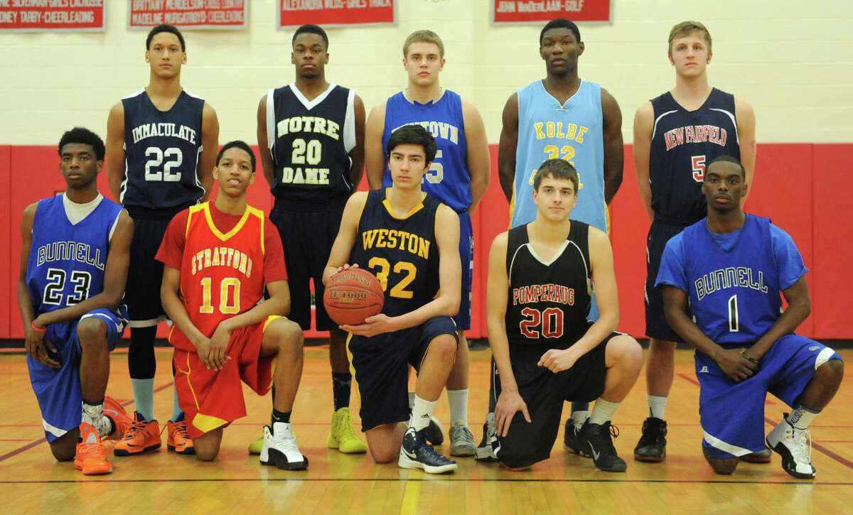 The 2014 boys SWC all-conference team poses before the SWC boys basketball championship game between No. 2 Bunnell and No. 5 Kolbe Cathedral at Pomperaug High School in Southbury, Conn. Thursday, March 6, 2014. Front row, from left, Bunnell's Issac Vann, Stratford's Eric Rankin, Weston's Matthew Fogler, Pomperaug's Lucien Fortier, and Bunnell's Ryan Pittman. Back row, from left, Immaculate's Joey Wallace, Notre Dame Fairfield's Jaylen Jennings, Newtown's Julian Dunn, Kolbe Cathedral's Ian Gardner, and New Fairfield's Anthony Cammorota.