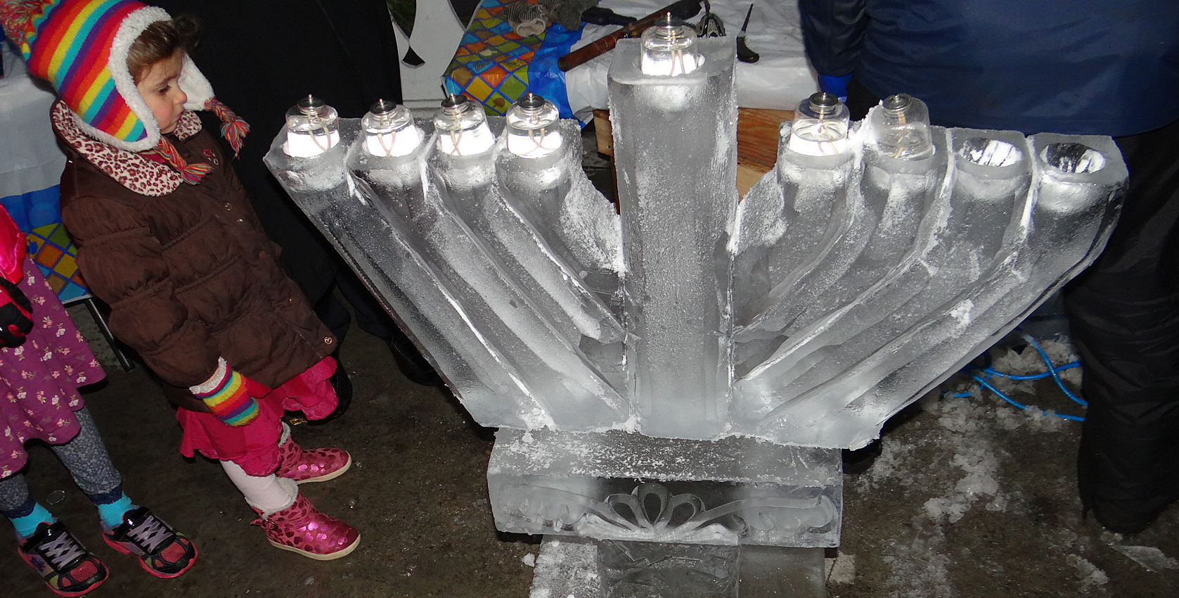 Ice menorah burns brightly at Sherman Green Hanukkah fete