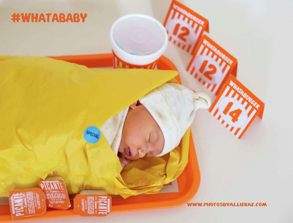 One Texas couple showed their passion for Whataburger by transforming their newborn into a taquito. The baby, Basil Riddle, is swaddled in a yellow taquito wrapper and laying on an orange tray, surrounded with picante sauce and the iconic table tents with numbers of the baby's birthday.