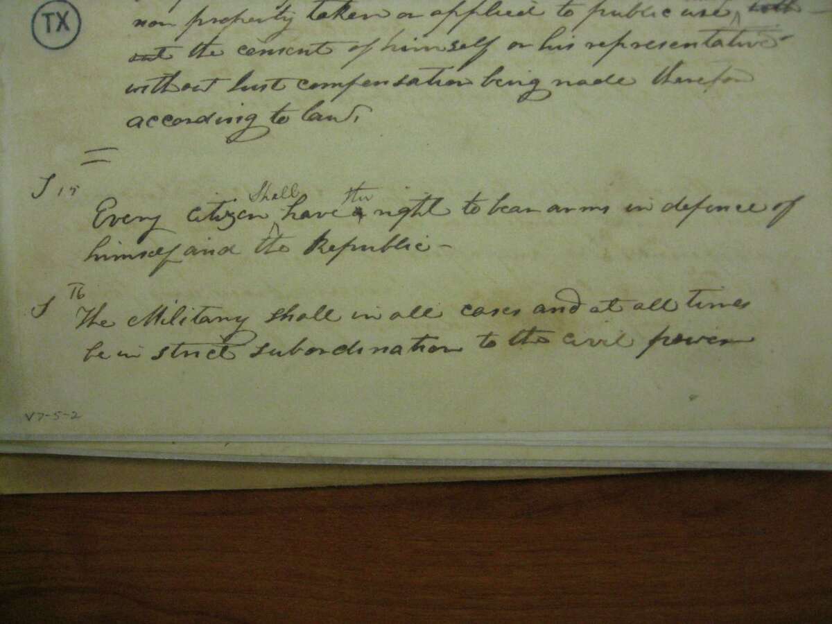 The draft for the 1836 Texas Declaration of Rights shows the original signers changed the 14th clause from "Every citizen have [sic] a right to bear arms in defence of himself and the Republic" to "Every citizen shall have the right to bear arms," in order to establish the right as absolute.