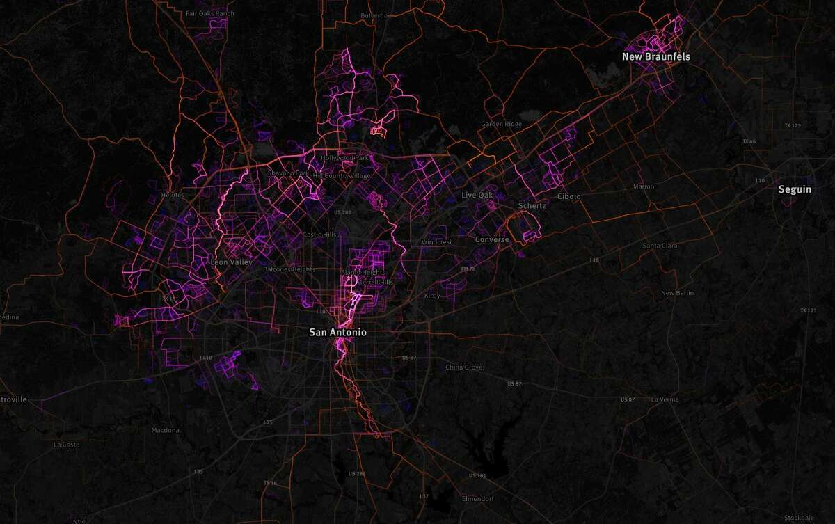 Mapbox developer Garrett Miller and his colleague Eric Fischer yanked data from the website RunKeeper, which maps running routes, and used it to make a map showing 1.5 million routes where people walk, run and ride their bicycles worldwide.Pictured: highlighted routes in San Antonio, San Marcos and Seguin.