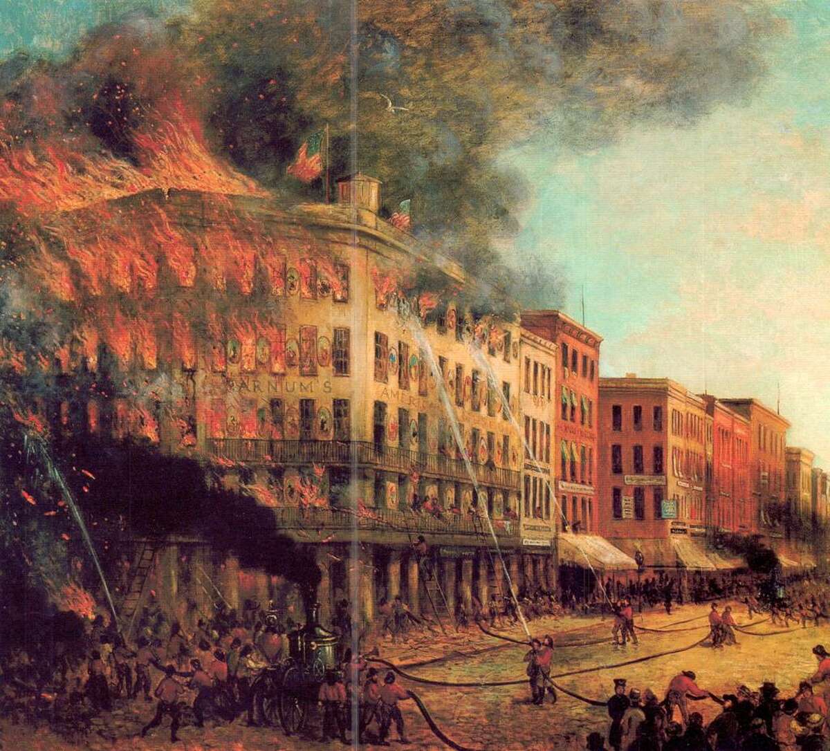 Fire at the Barnum American Museum in 1865, in New York, courtesy of the Barnum Museum.