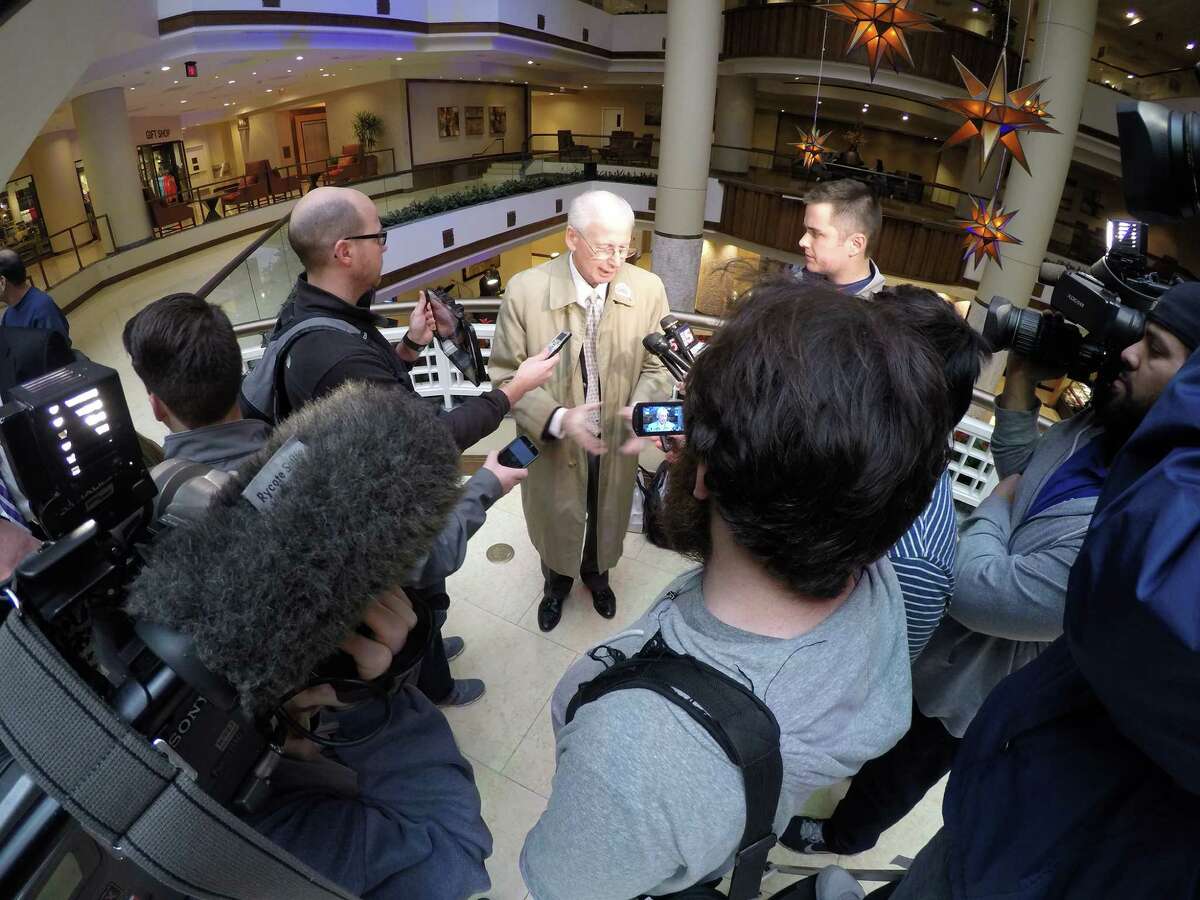 Kansas State head coach Bill Snyder addresses the media after the Wildcats arrived at their team hotel Sunday, December 29, 2014. Kansas State will face UCLA in the Valero Alamo Bowl. Courtesy photo