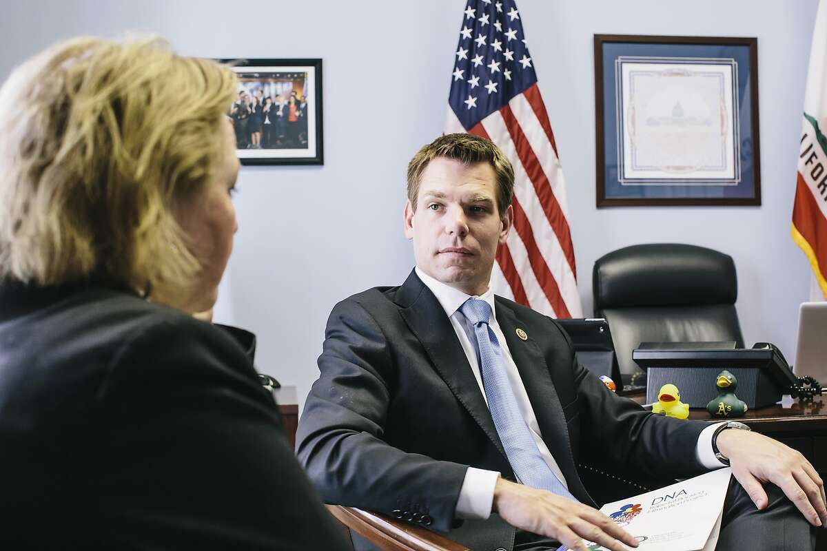 Congressman Eric Swalwell, right, talks with Alameda County District Attorney Nancy O'Malley, left, during a meeting at Congressman Swalwell's office on Feb. 4, 2014 in the Cannon Building in Washington, D.C.