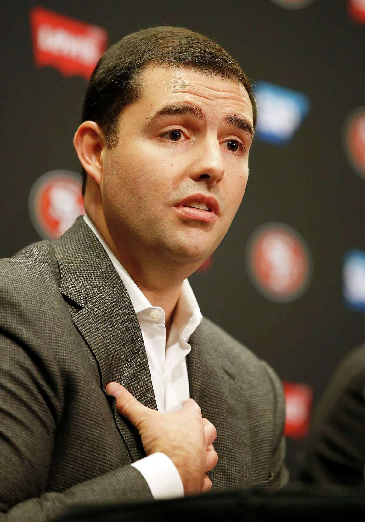 San Francisco 49ers owner Jed York speaks during a news conference at 49ers football headquarters in Santa Clara, Calif., Monday, Dec. 29, 2014. (AP Photo/Tony Avelar)