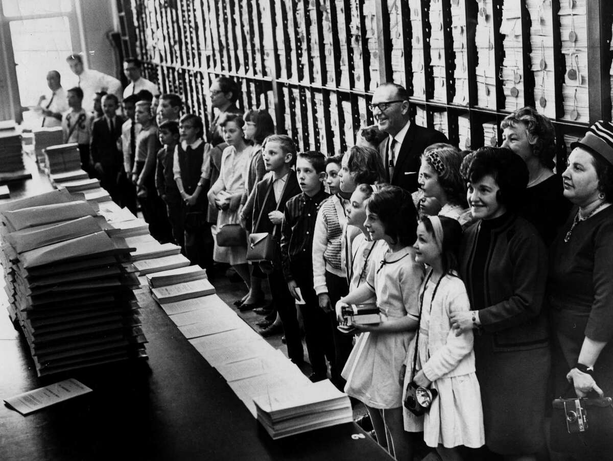 Assemblyman Douglas Hudson of Rensselaer County shows the bill room to fifth graders from the D. P. Sutherland School in Nassau during a tour of the Capitol, undated, Albany, N.Y. (Times Union archive)