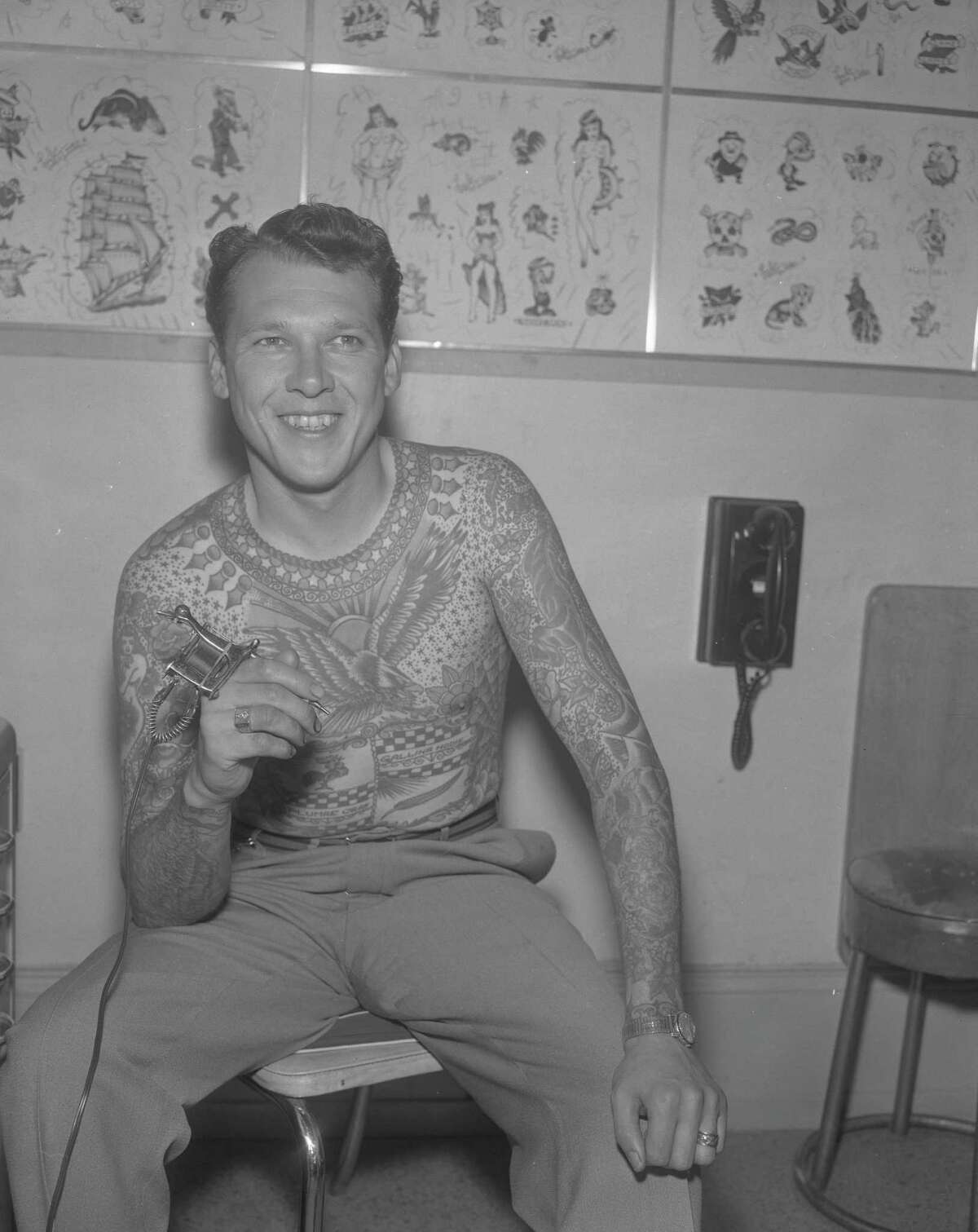 Tattoo artist Lyle Tuttle at his studio at 30 7th St. in San Francisco. 08/22/1960