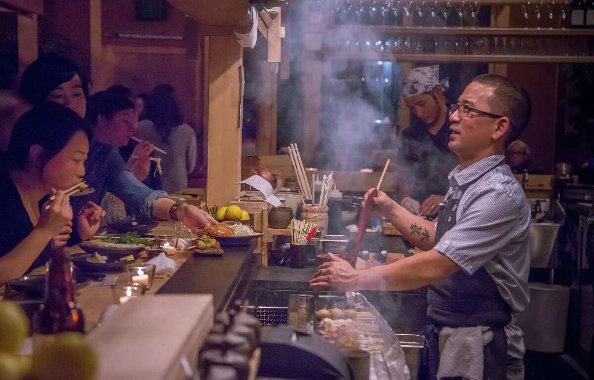 Khan Kogure makes skewers at Rintaro, which offers a 14-item savory menu.
